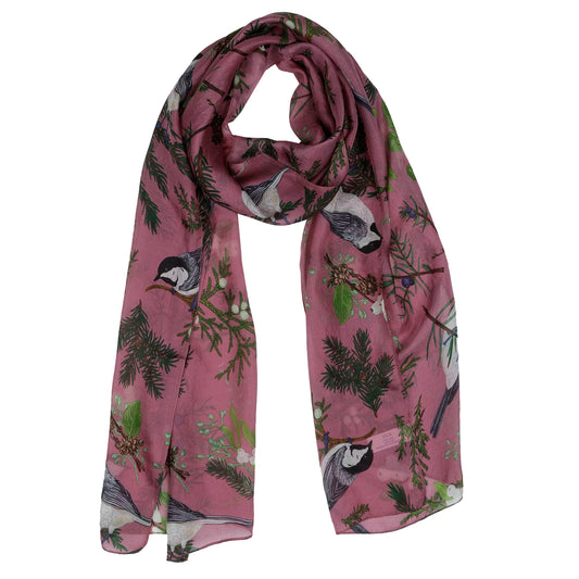 Dark pink silk scarf with wren and friu.