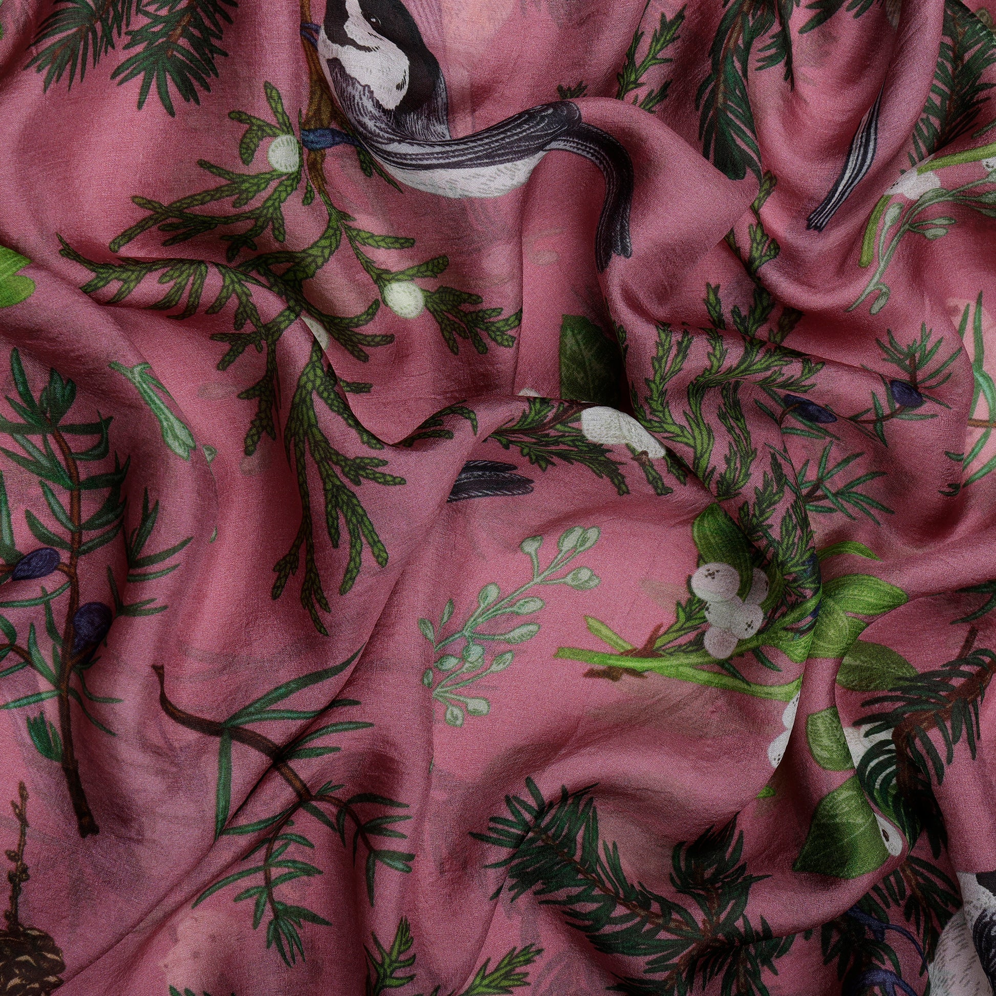 Silk scarf with bird and berries in dark pink.