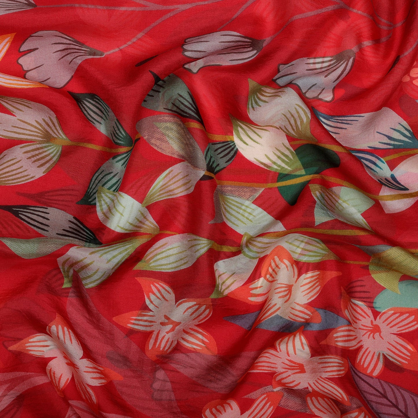 Red silk scarf with leaves.