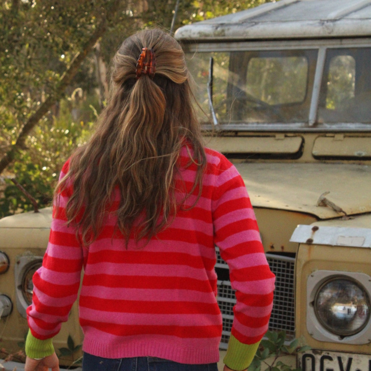 Eribe sweater. Pink and red striped merino wool jumper.