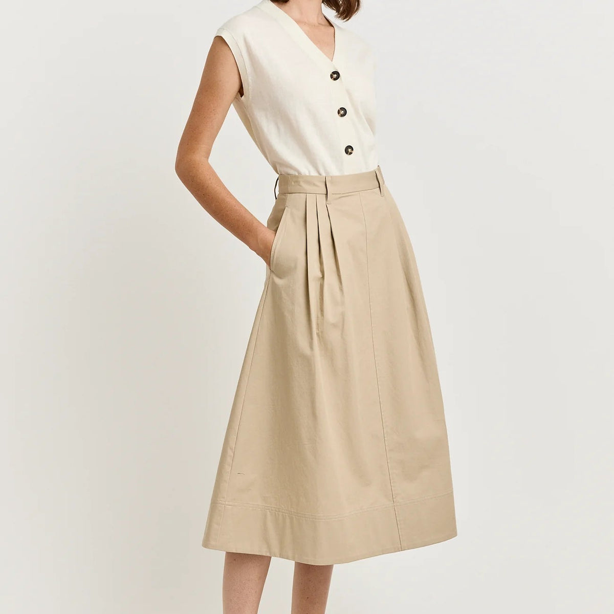 Toorallie Pleat Detail Skirt in Beige - 100% Cotton Twill