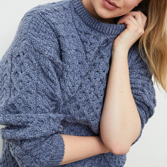 Aran Sweater for women in blue. Merino wool jumper.