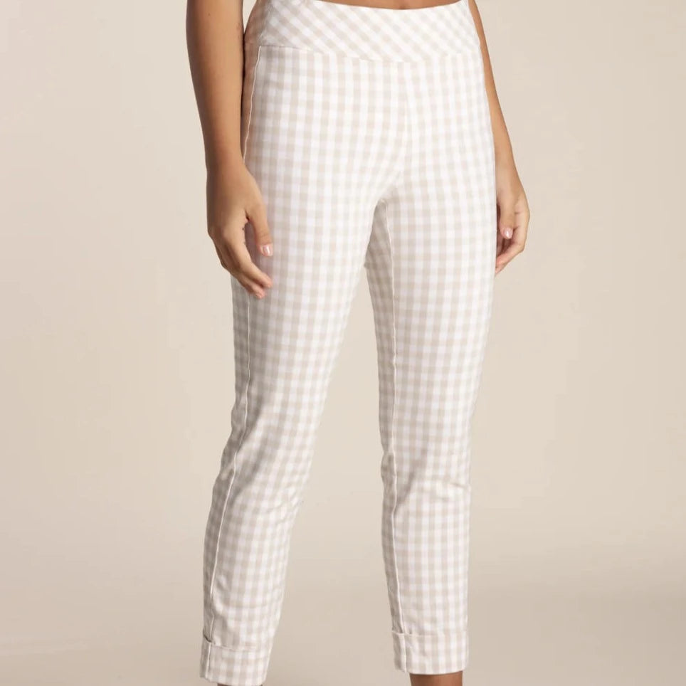 Two T's Pull-on Gingham Pants In stone.