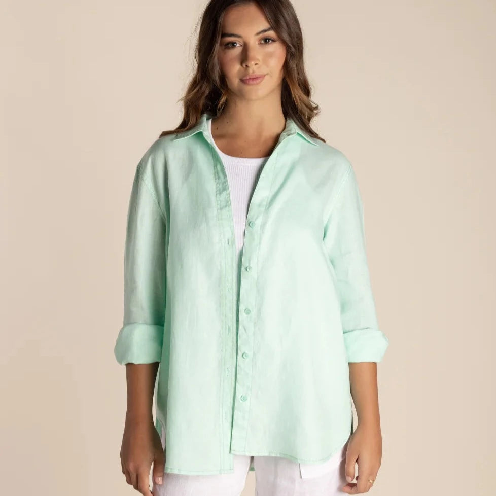 Two T's open neck linen shirt in mint.