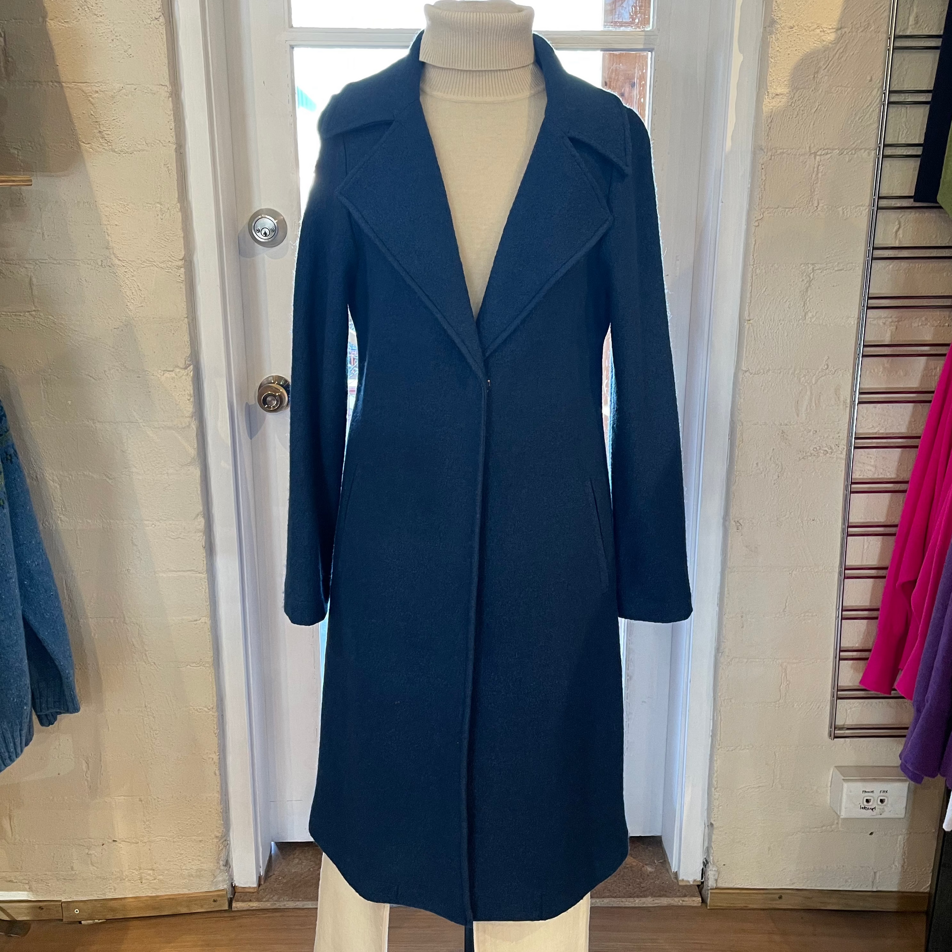 Long Boiled Wool Coat in Blue Fields Knitwear.