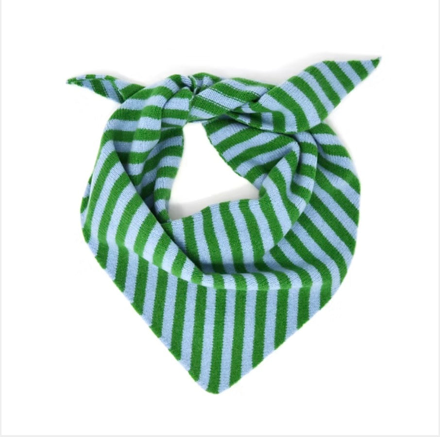 Soft merino wool triangle scarf in blue and green stripe