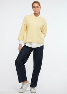 Zaket and Plover's Cosy Crew Jumper in Lemon, yellow sweater styled with shirt and jeans
