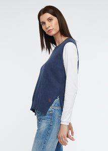 Zaket and Plover's Essential Vest in Denim, side view of sweater vest