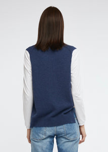 Zaket and Plover's Essential Vest in Denim, back view of navy knitted vest