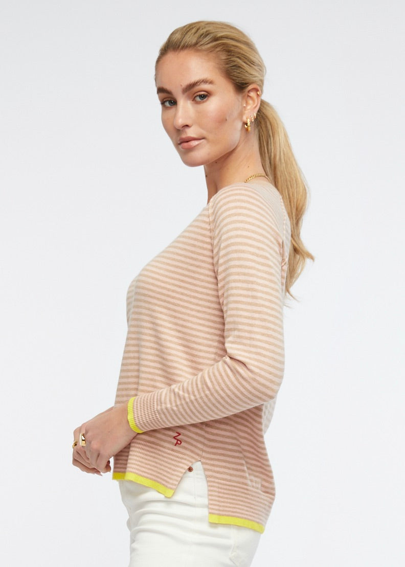 Zaket and Plover's Essential Stripe Crew Top in Beige, side view of ladies jumper