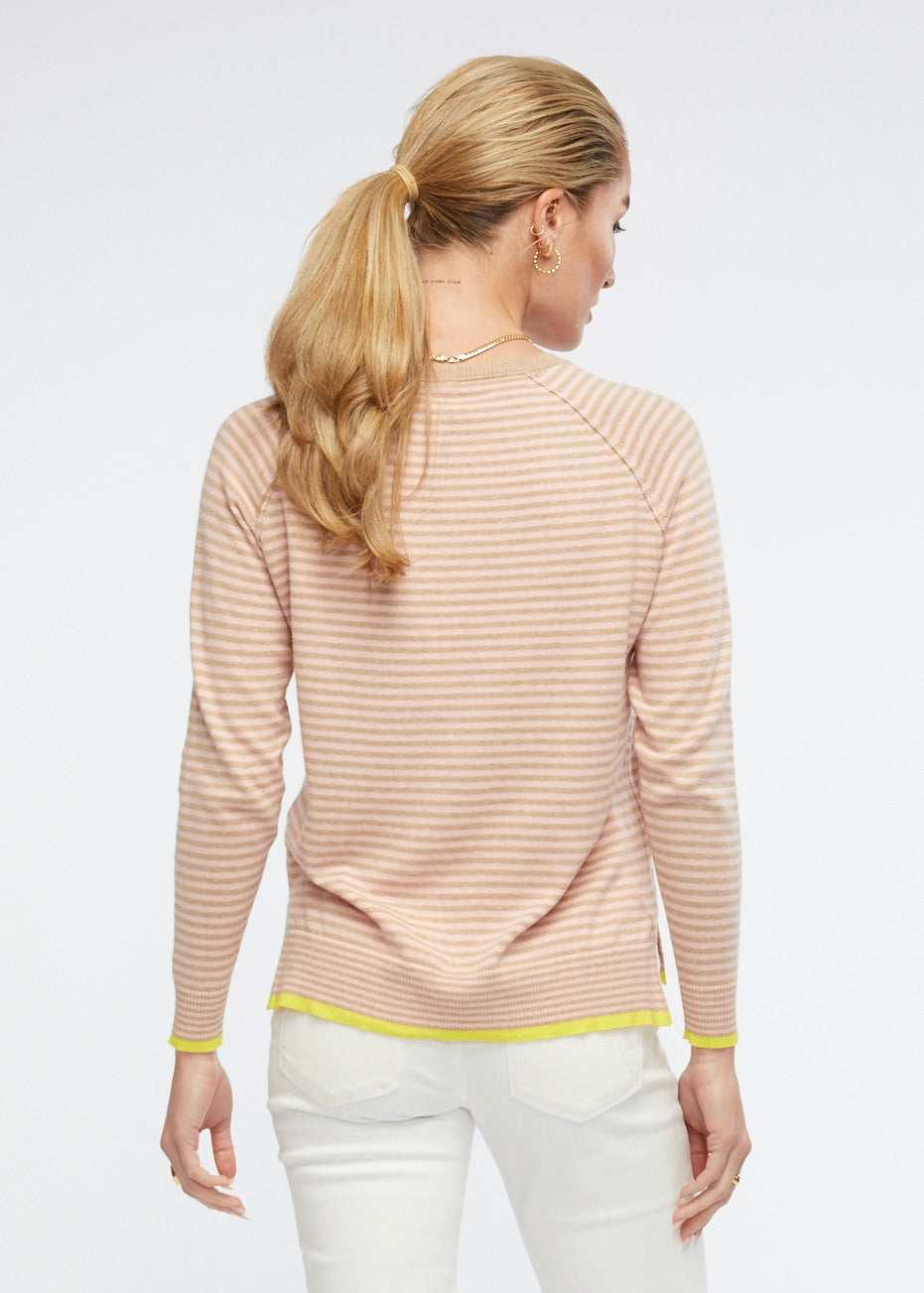 Zaket and Plover's Essential Stripe Crew Top in Beige, back view of women's sweater