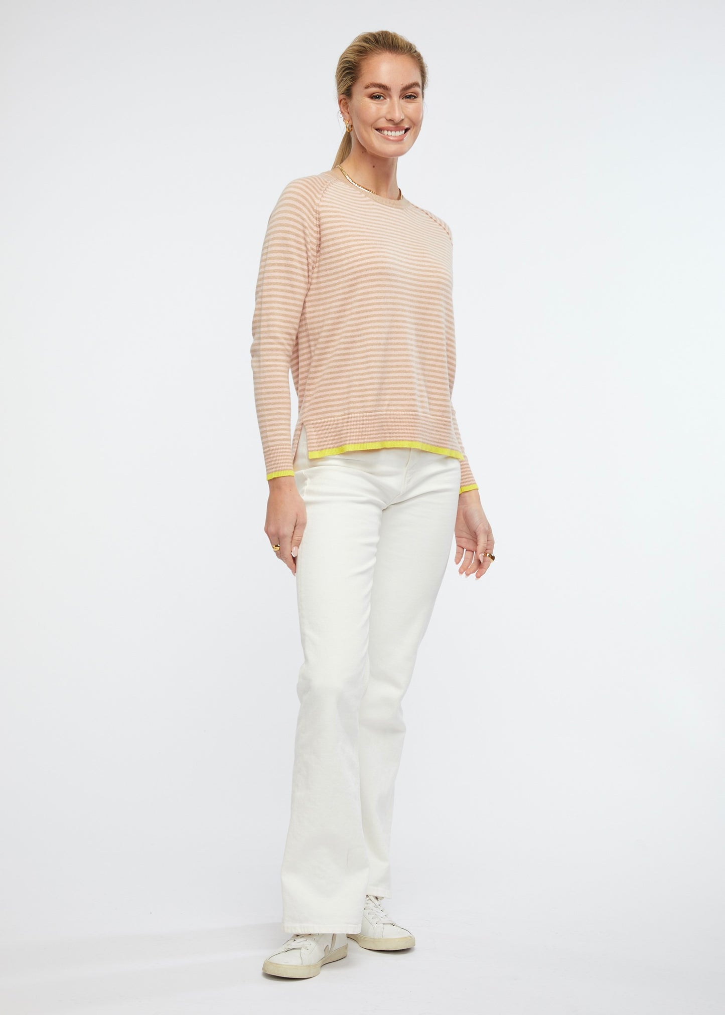 Zaket and Plover's Essential Stripe Crew Top in Beige, styled with jeans and sneakers