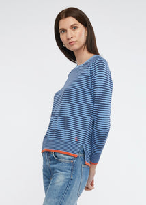 Zaket and Plover's Essential Stripe Vee Top in Chambray, side view of women's striped jumper 