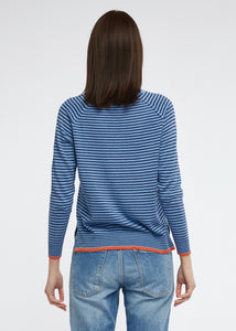 Zaket and Plover's Essential Stripe Vee Top in Chambray, back view of ladies sweater