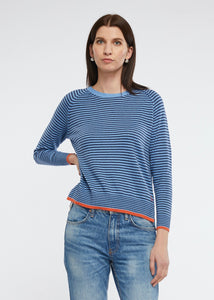 Zaket and Plover's Essential Stripe Vee Top in Chambray, stripe jumper top styled with jeans