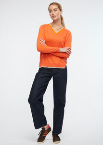 Zaket and Plover's Essential Stripe Vee Top in Apricot, stripe jumper styled with jeans