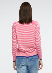 Zaket and Plover's Essential Stripe Vee Top in Barbie, back view of women's sweater