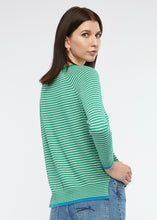 Zaket and Plover's Essential Stripe Vee Top in emerald, back view of striped jumper