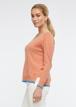 Zaket and Plover's Essential Stripe Vee Top in Oat, side view of striped jumper