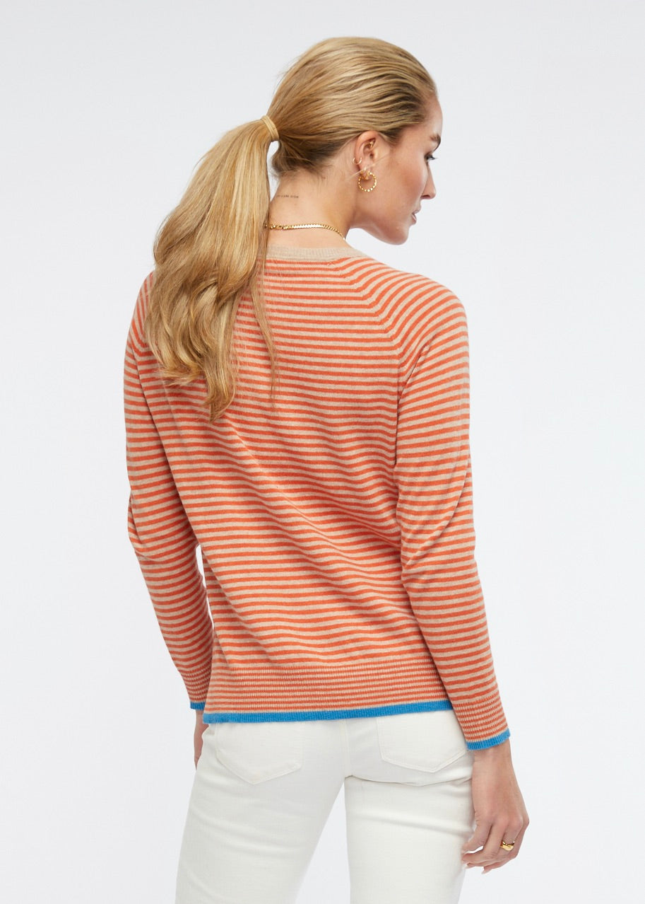 Zaket and Plover's Essential Stripe Vee Top in Oat, back view of ladies sweater