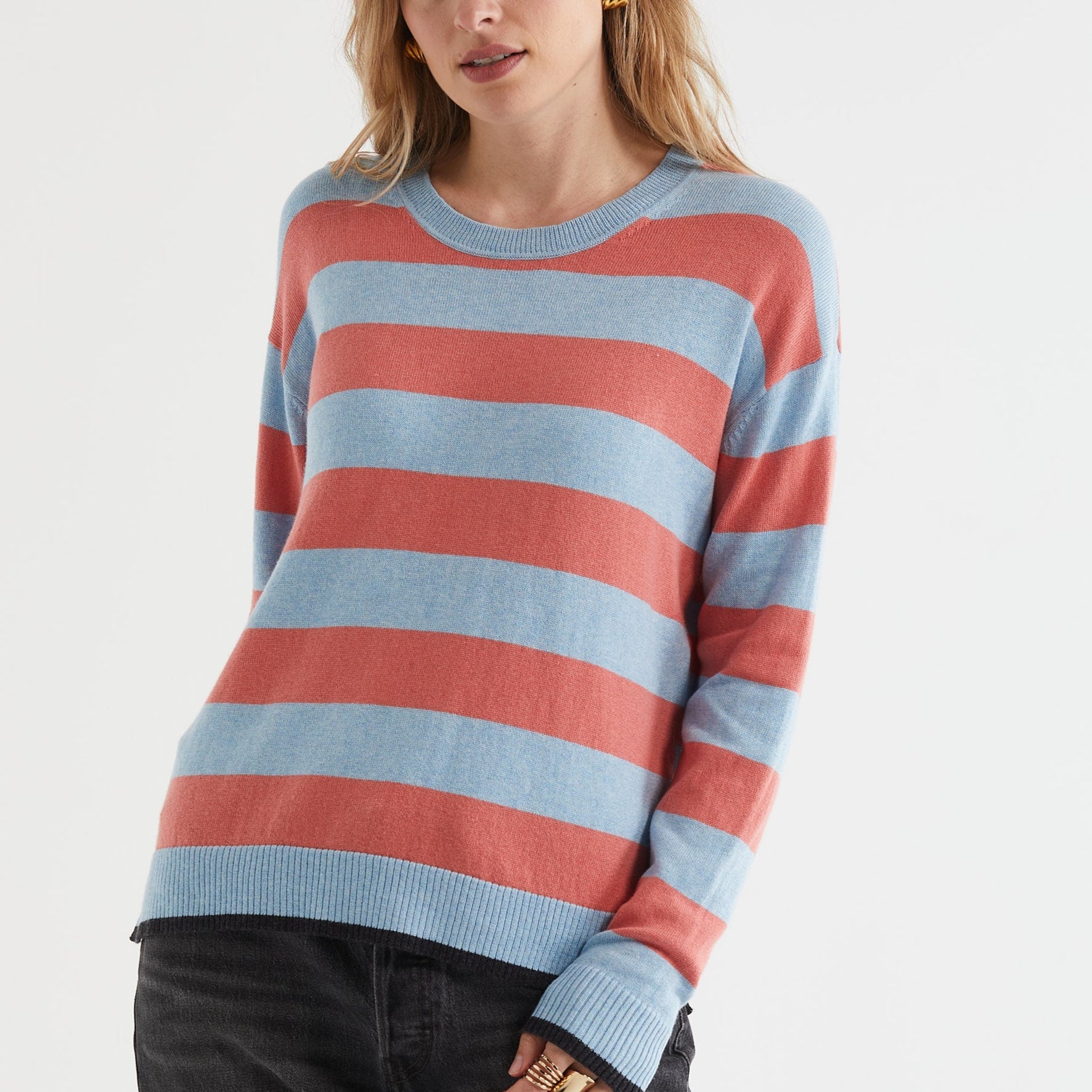 Zaket and Plover striped jumper in powder.