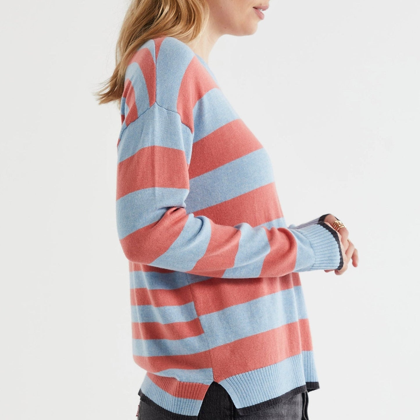 Zaket and Plover striped jumper, blue pink.