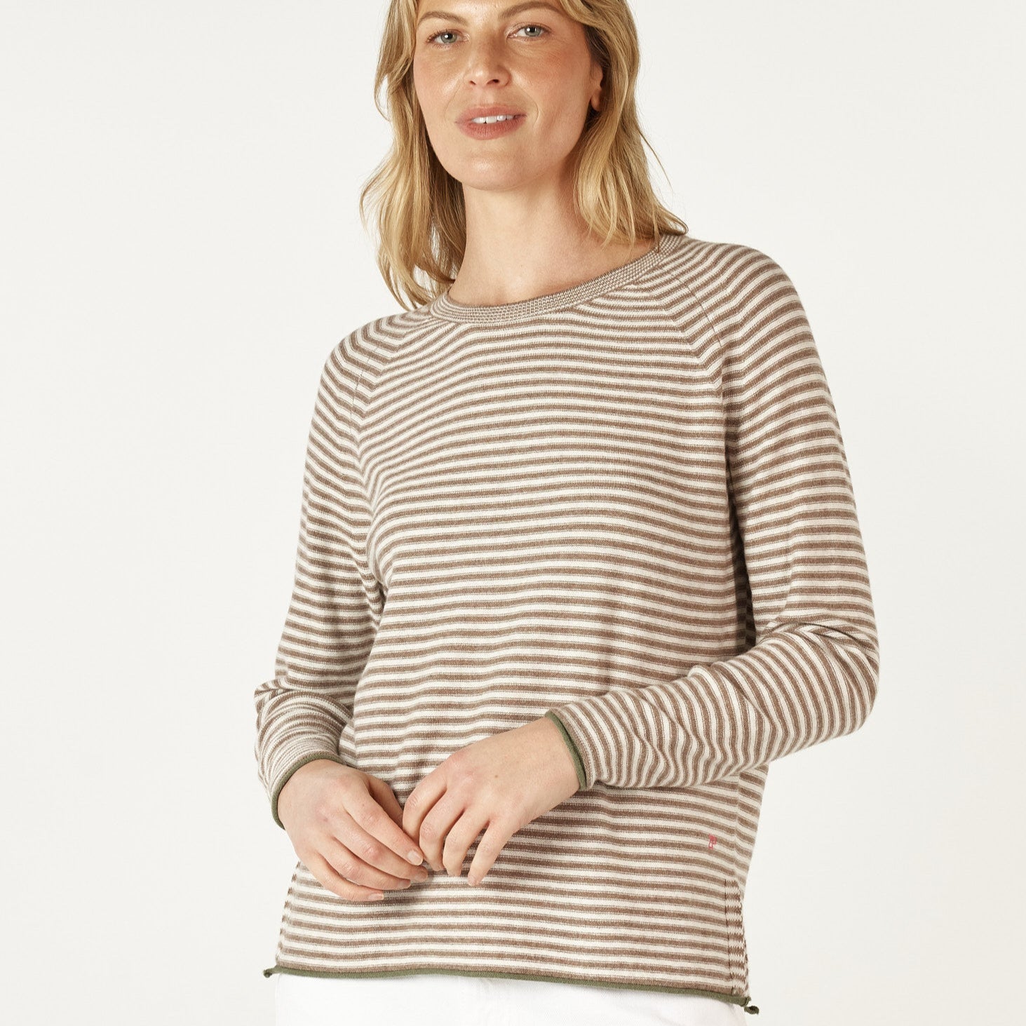 Striped crew neck in brown from Zaket and Plover.