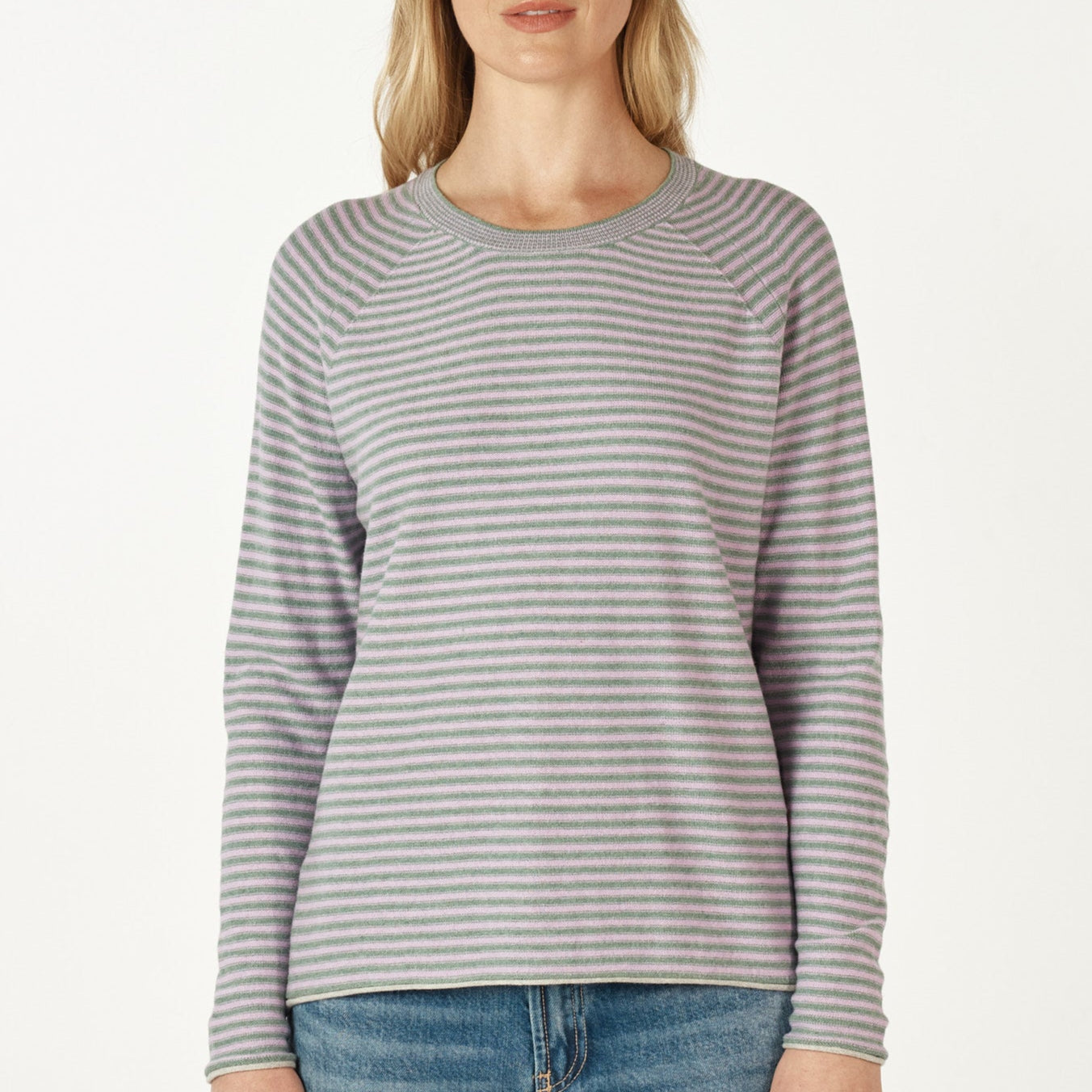 Zaket and Plover striped crew sweater in Moss.