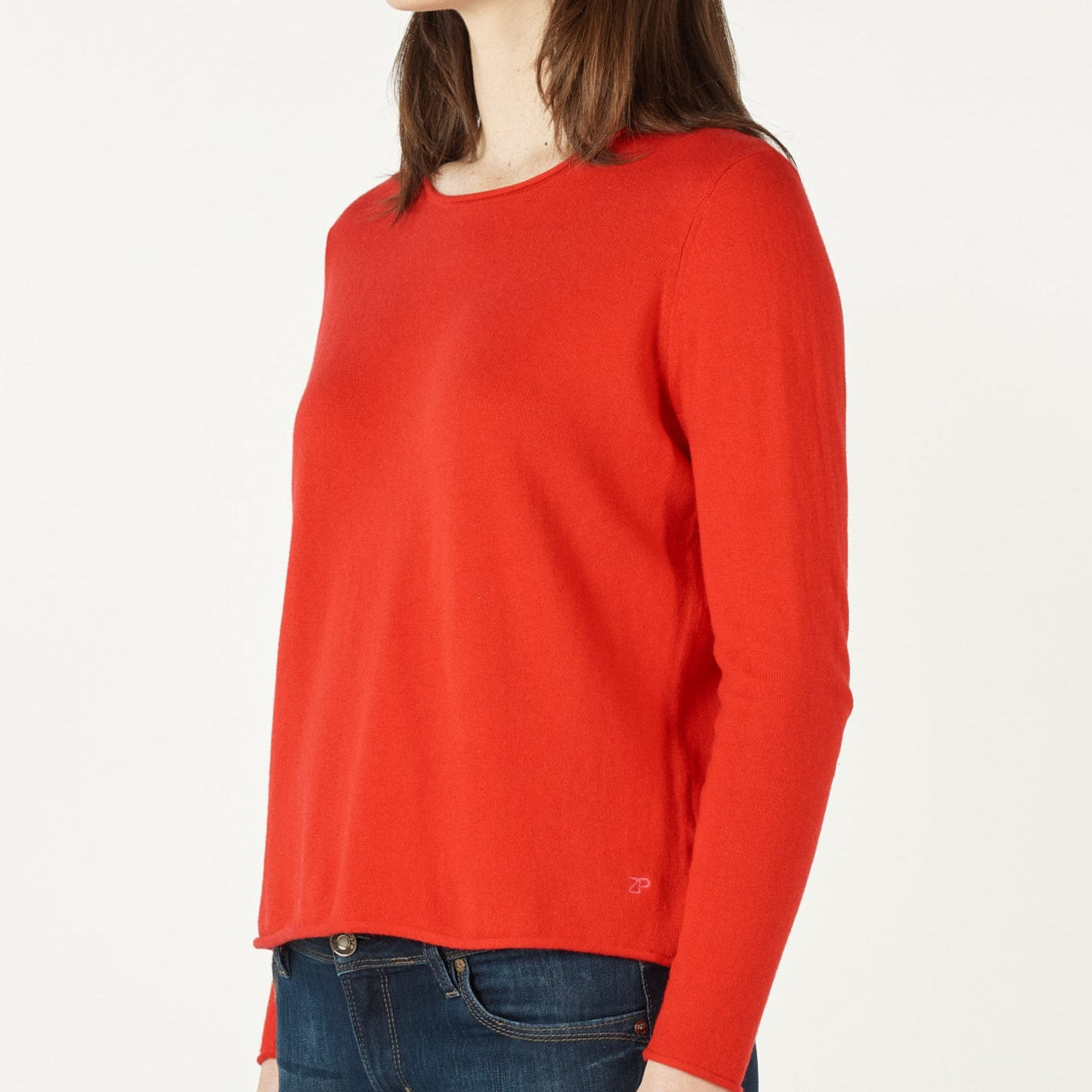 Red sweater from Zaket and Plover. Rolled edge crew neck. Quality knitwear.