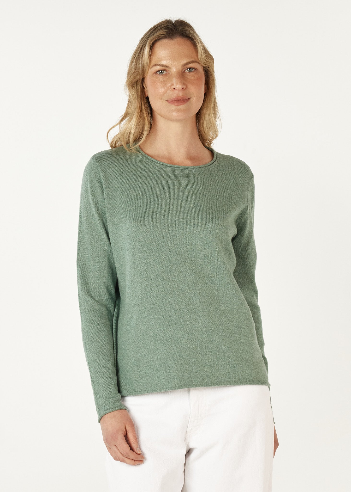 Zaket and Plover rolled edge sweater in moss. Free shipping.