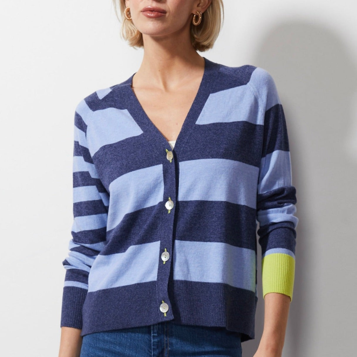 Woman wearing Zaket and Plover's Multi Stripe Cardi in denim