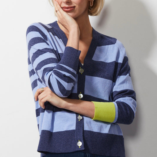 Woman wearing Zaket and Plover's Multi Stripe Cardi in denim