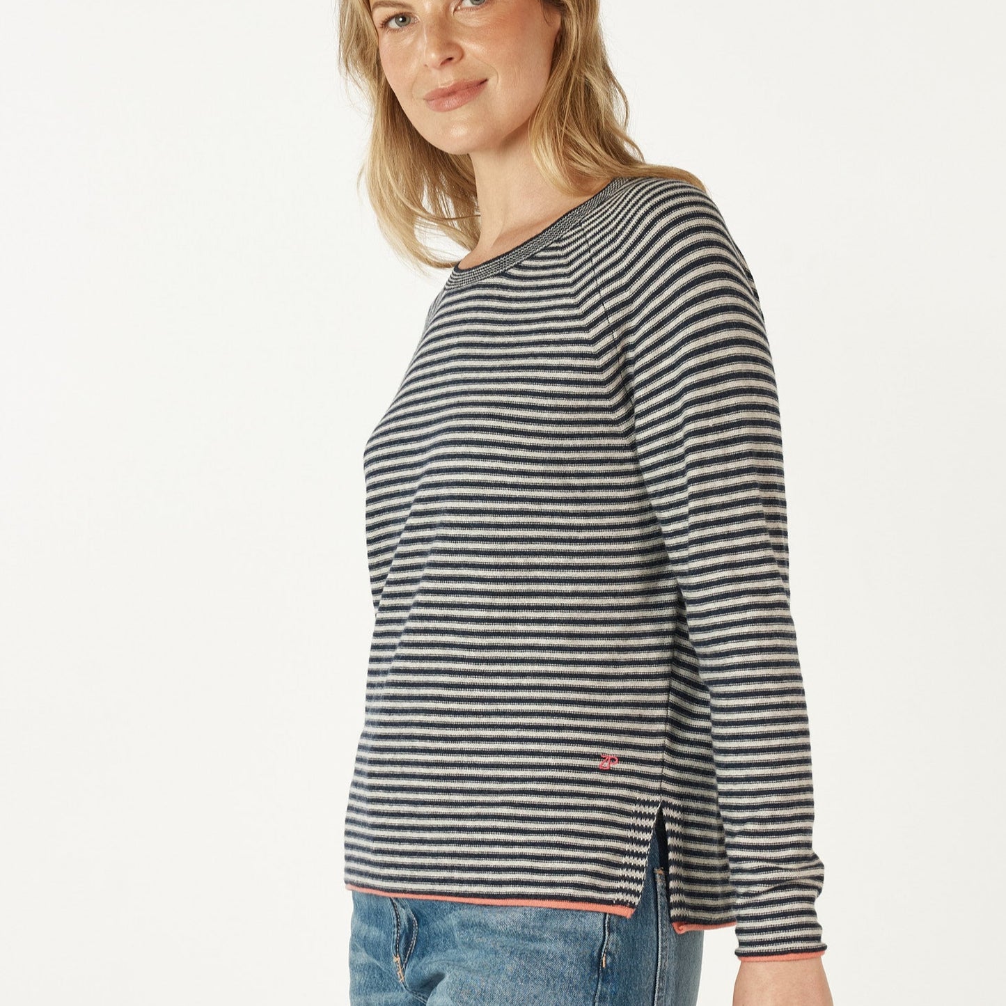 Zaket and Polver striped crew jumper in navy.