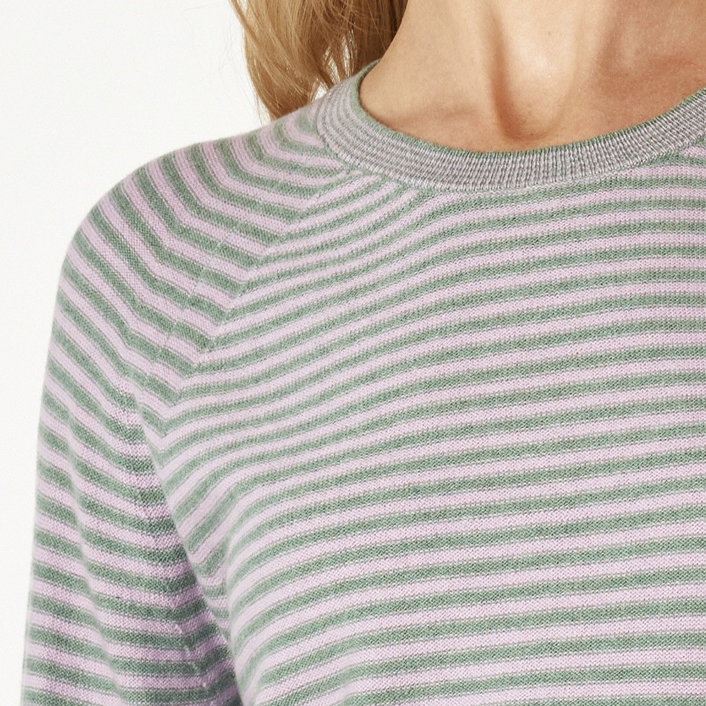 Zaket and Plover striped crew neck top in moss. Lilac and green.