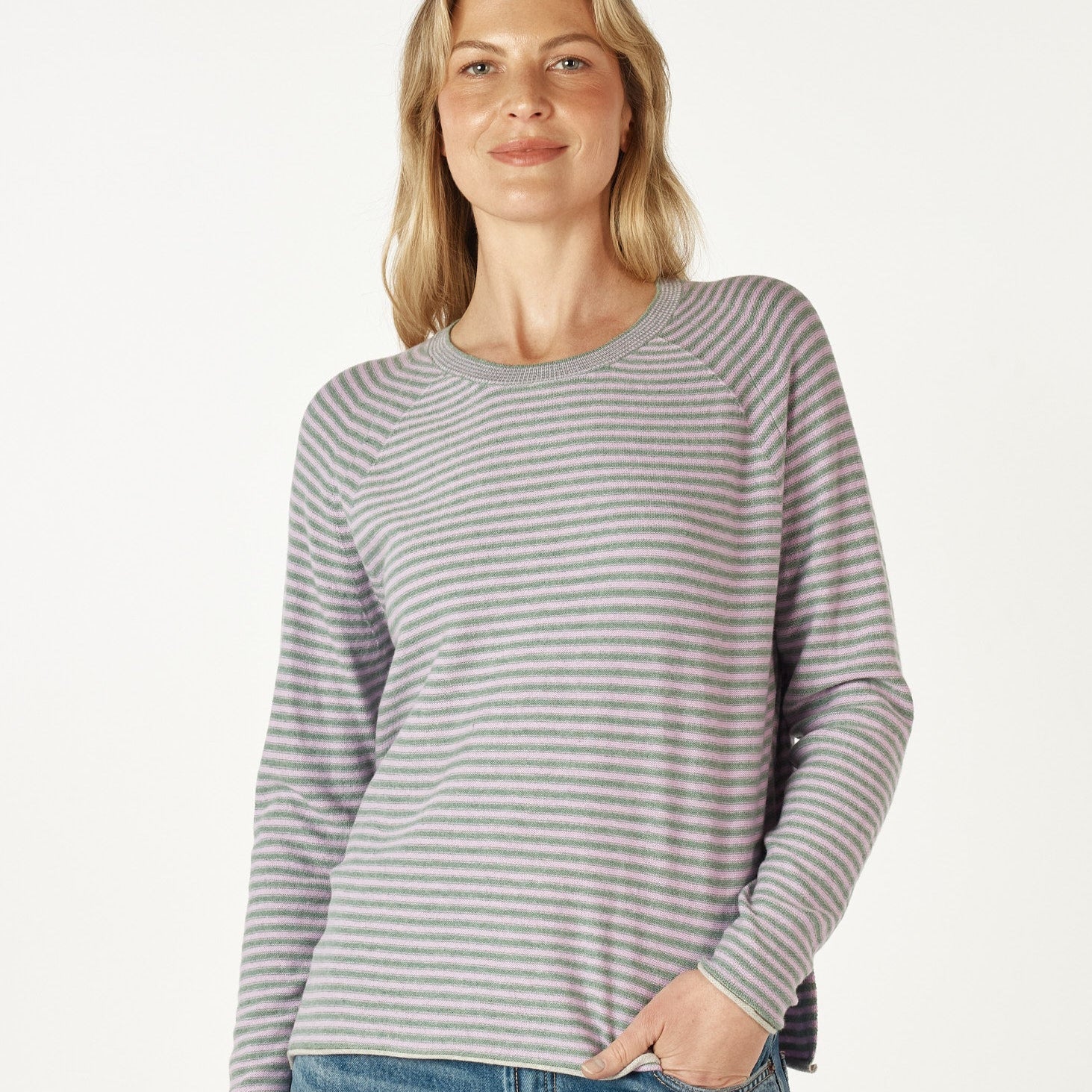 Zaket and Ploer striped jumper in lilac and green - moss.