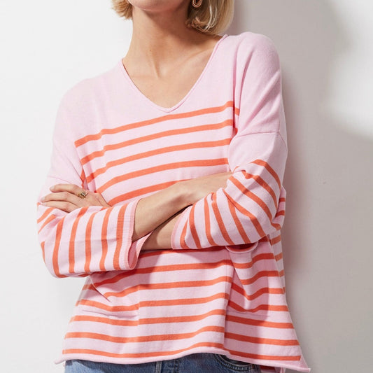 Zaket and Plover's Breton Stripe Vee Jumper in petal for women