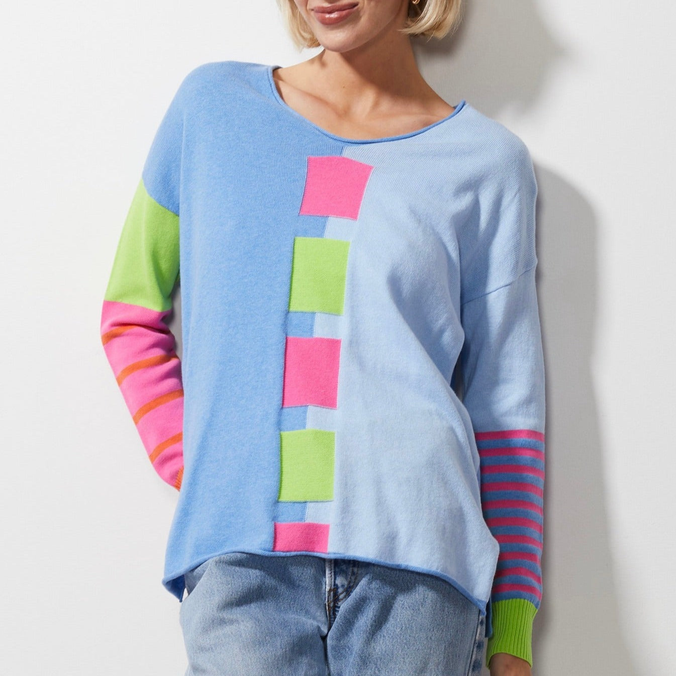 Woman wearing Zaket and Plover's Intarsia squares jumper in chambray