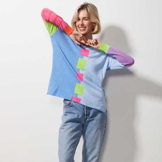 Woman wearing Zaket and Plover's Intarsia squares jumper in chambray