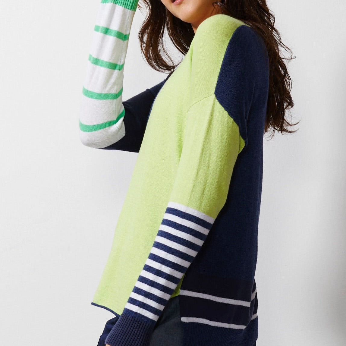 Woman wearing Zaket and Plover's Intarsia squares jumper in denim