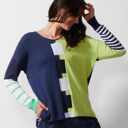 Woman wearing Zaket and Plover's Intarsia squares jumper in denim