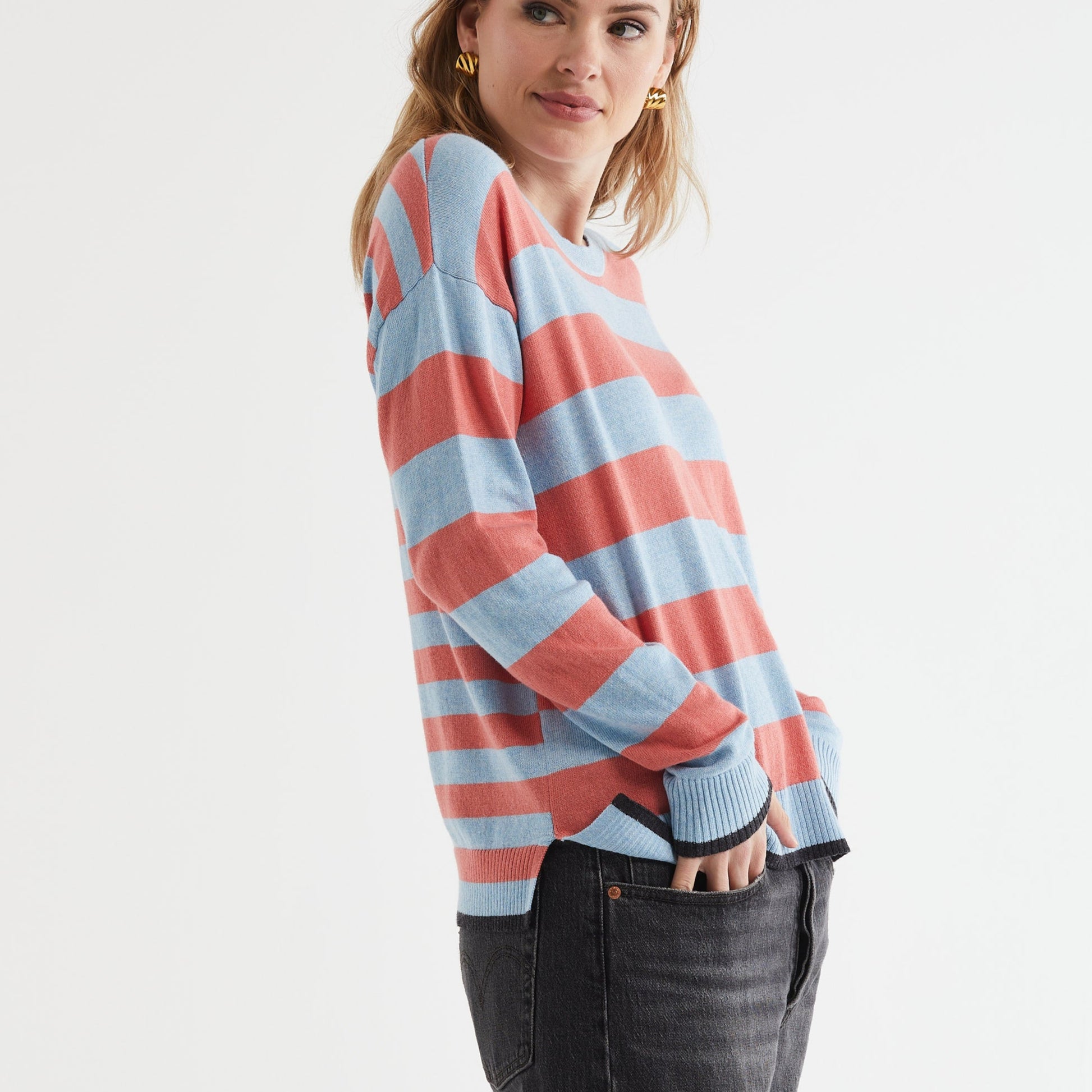 Zaket and Plover striped sweater in powder.