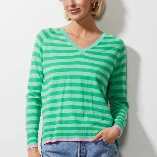 Woman wearing Zaket and Plover's Essential Stripe Vee Sweater in mint