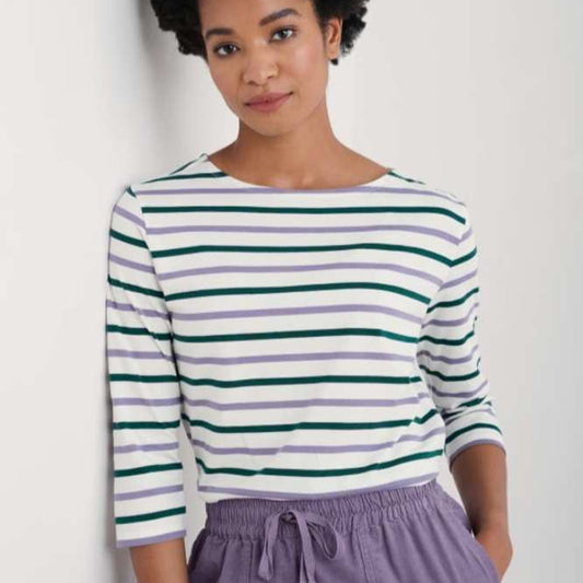 Woman wearing the Sailor cotton Top in Duet Breton Echium by SEASALT
