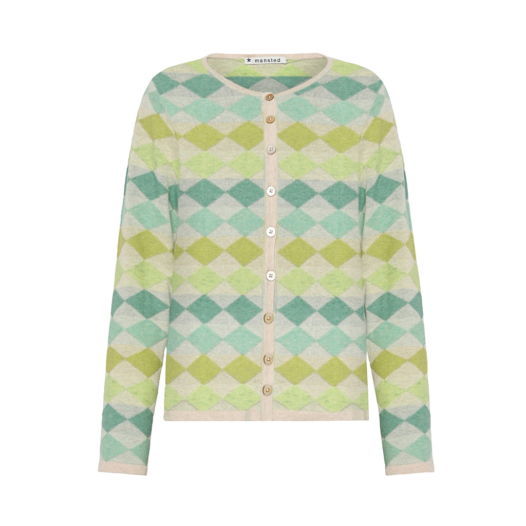 The Dodo Harlequin cotton Cardigan in Apple green by Mansted