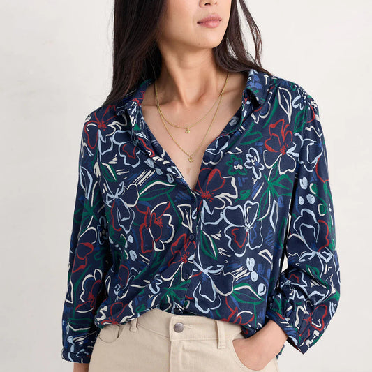 Woman wearing the 3/4 Embrace Shirt by SEASALT in Painters Garden Mix Navy