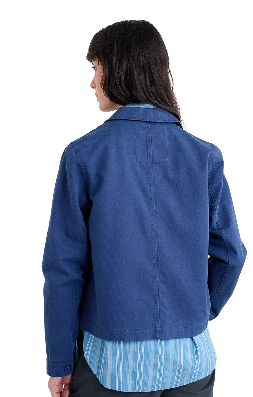 Woman wearing the Coombe Lane Cotton Jacket in Washed Marine navy