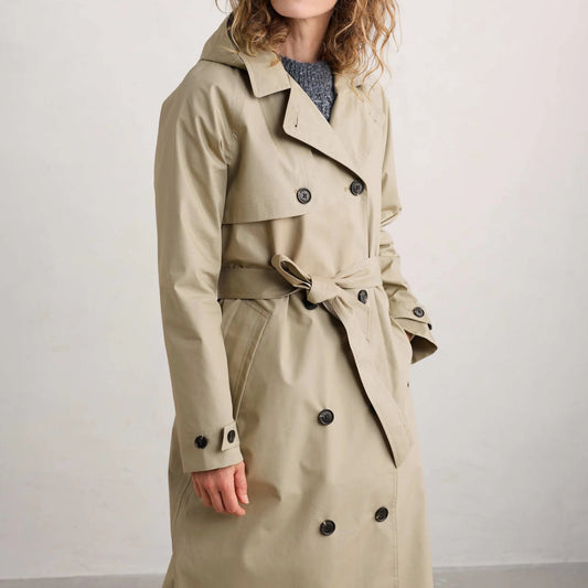 Woman wearing the Penweathers Trench Coat in natural Seed by SEASALT