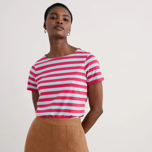 Woman wearing the Sailor striped T-Shirt in Scallion Raspberry by SEASALT