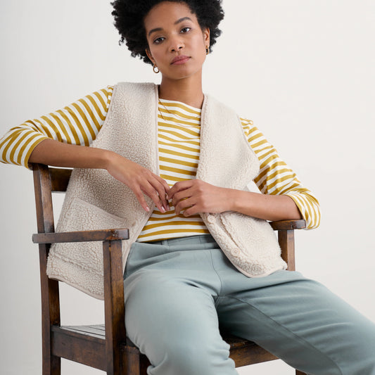 Woman wearing the Sailor cotton Top in Mini Cornish Chamomile Chalk stripes by SEASALT