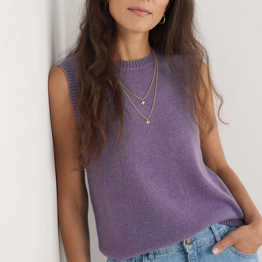 Woman wearing the East View wool Vest in Echium purple by SEASALT